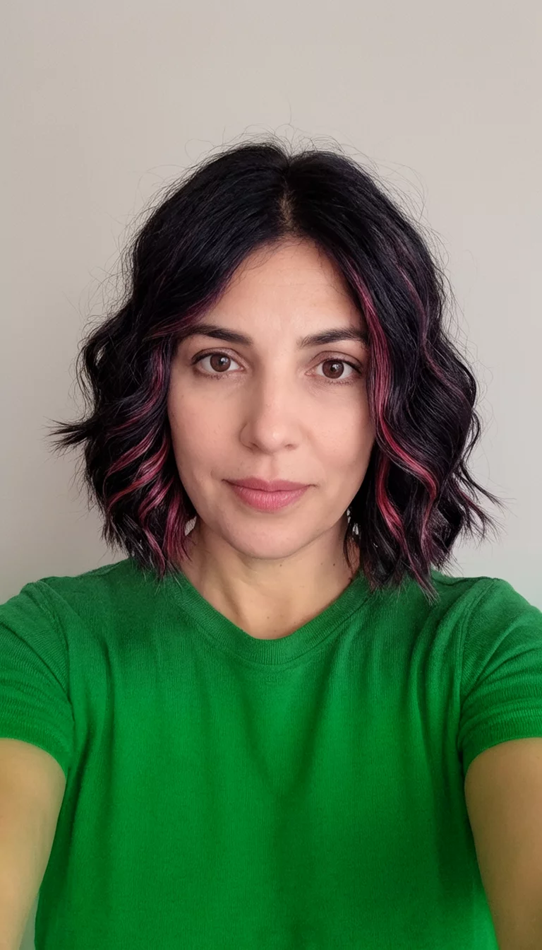 Midnight Teal Bob selfie of a 30-year-old woman wearing a green top with a dark wavy bob colored highlights hairstyle, front view, neutral backdrop