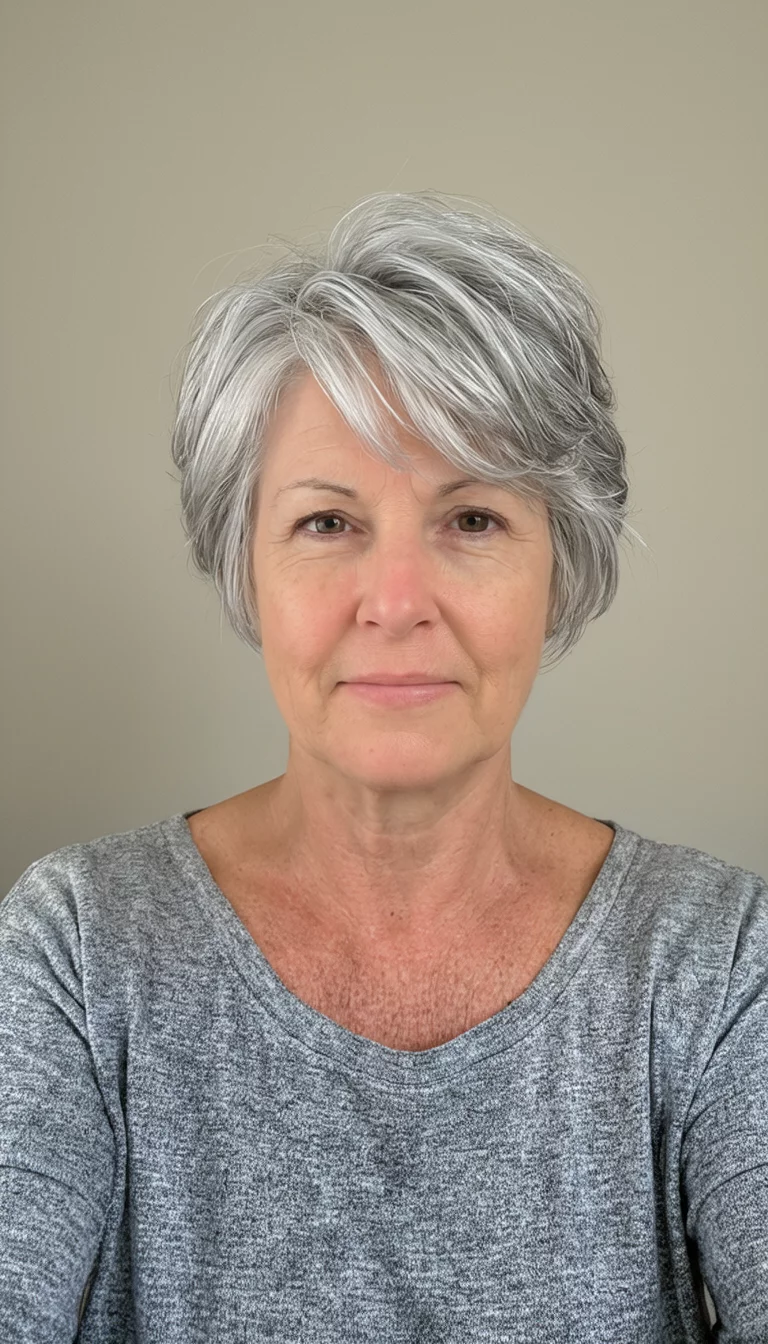 Luxe Silver Transition selfie of a 49-year-old woman wearing a gray top with a silver colored layered hairstyle, front view, neutral backdrop