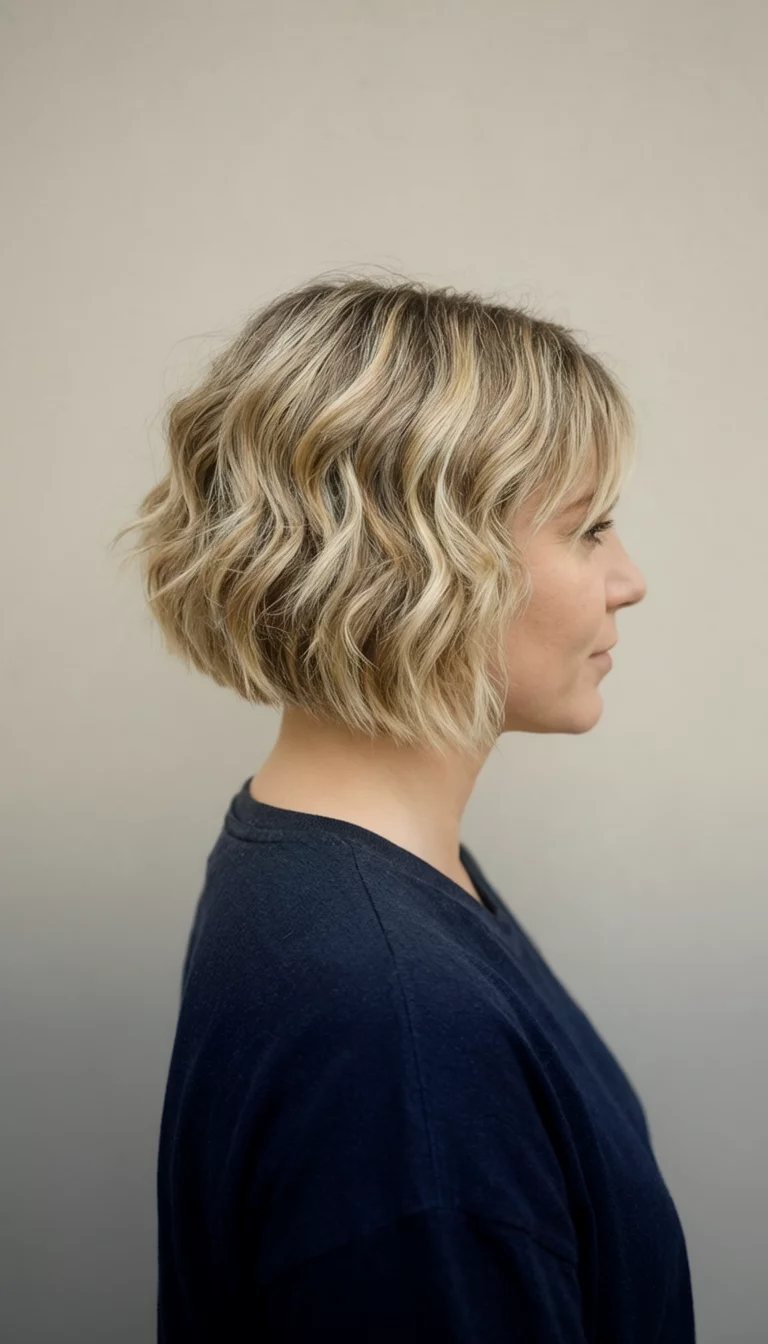 Frosted Caramel Bob casual photo of a 27-year-old woman wearing a dark top with a blonde highlights colored short, wavy bob hairstyle, side view, neutral backdrop