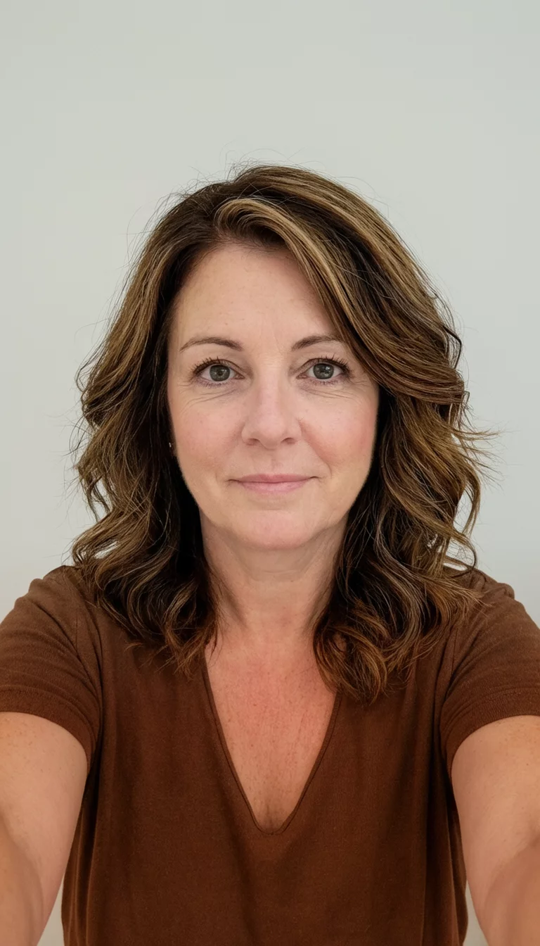 Chestnut Wood Layers selfie of a 44-year-old woman wearing a brown top with a various brown colored layered hairstyle, front view, neutral backdrop