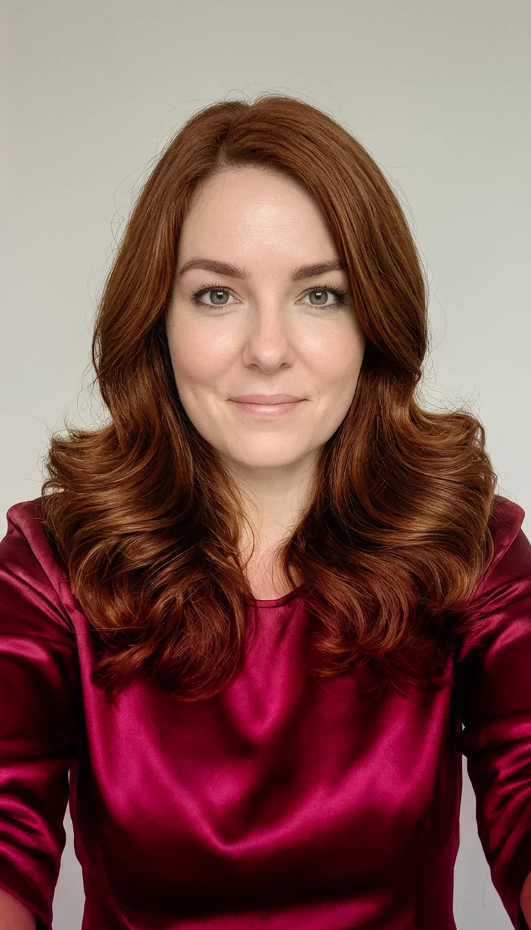 Polished Auburn Layers selfie of a 28-year-old woman wearing a crimson satin top with a rich auburn colored voluminous layers hairstyle, front view, neutral backdrop
