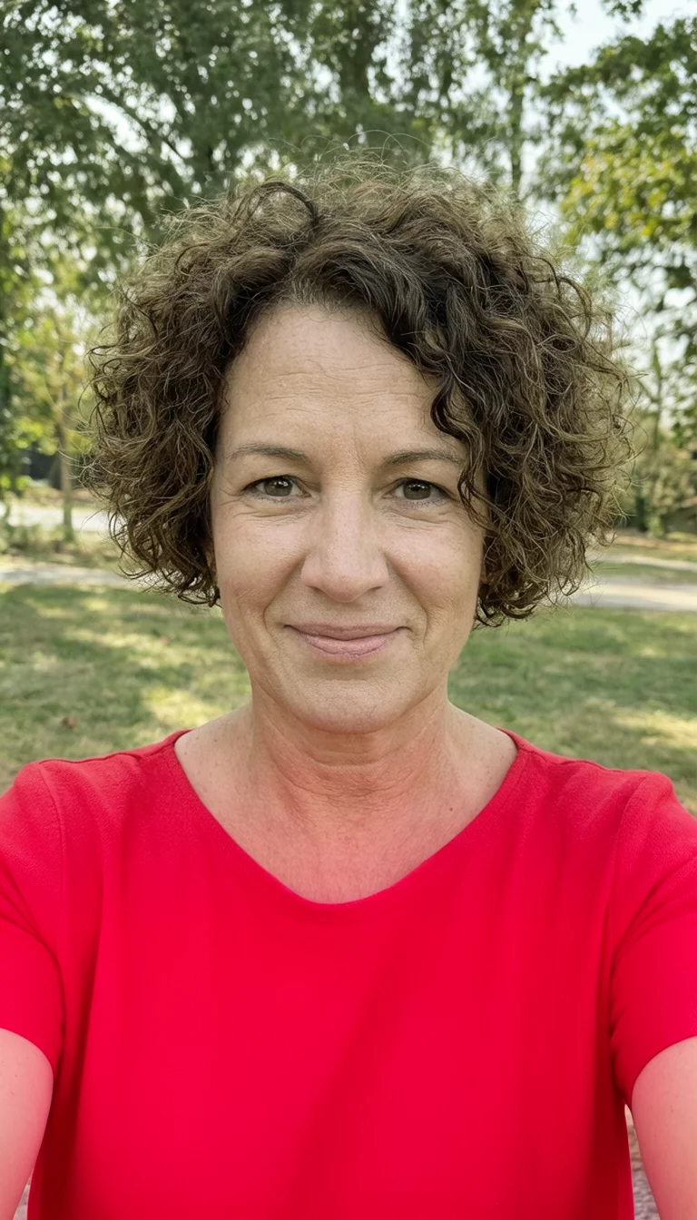 Smoked Cedar Curls selfie of a 41-year-old woman wearing a red top with a short, curly brown colored hairstyle, front view, outdoor background