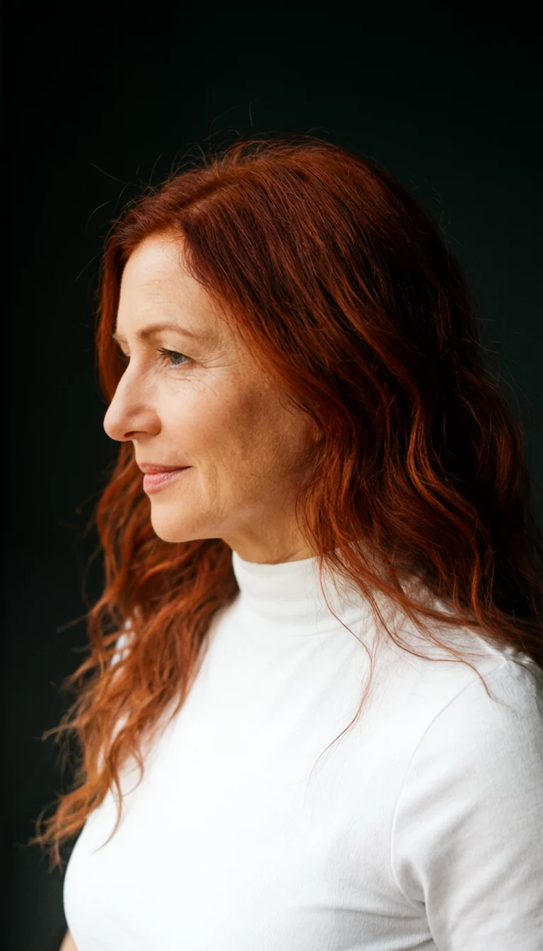 Muted Mahogany Side Sweep casual photo of a 42-year-old woman wearing a white high-neck top with a long, reddish-brown wavy colored hairstyle, side view, dark background