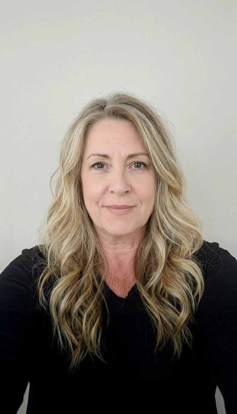 Pale Honey Highlights selfie of a 45-year-old woman wearing a black top with a blonde hair with highlights colored long, wavy hairstyle, front view, neutral backdrop