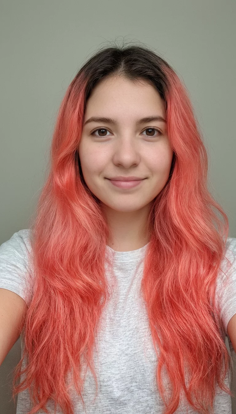 Double Identity Tones selfie of a 23-year-old woman wearing a casual top with a coral ombre colored long hairstyle, front view, neutral backdrop