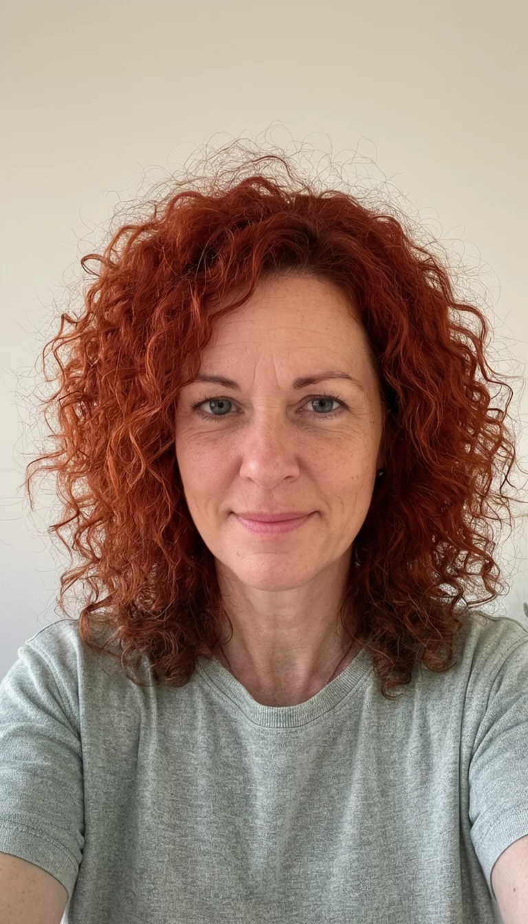 Cinnamon Spice Ringlets selfie of a 32-year-old woman wearing a casual top with a reddish-brown colored curly hairstyle, front view, neutral backdrop