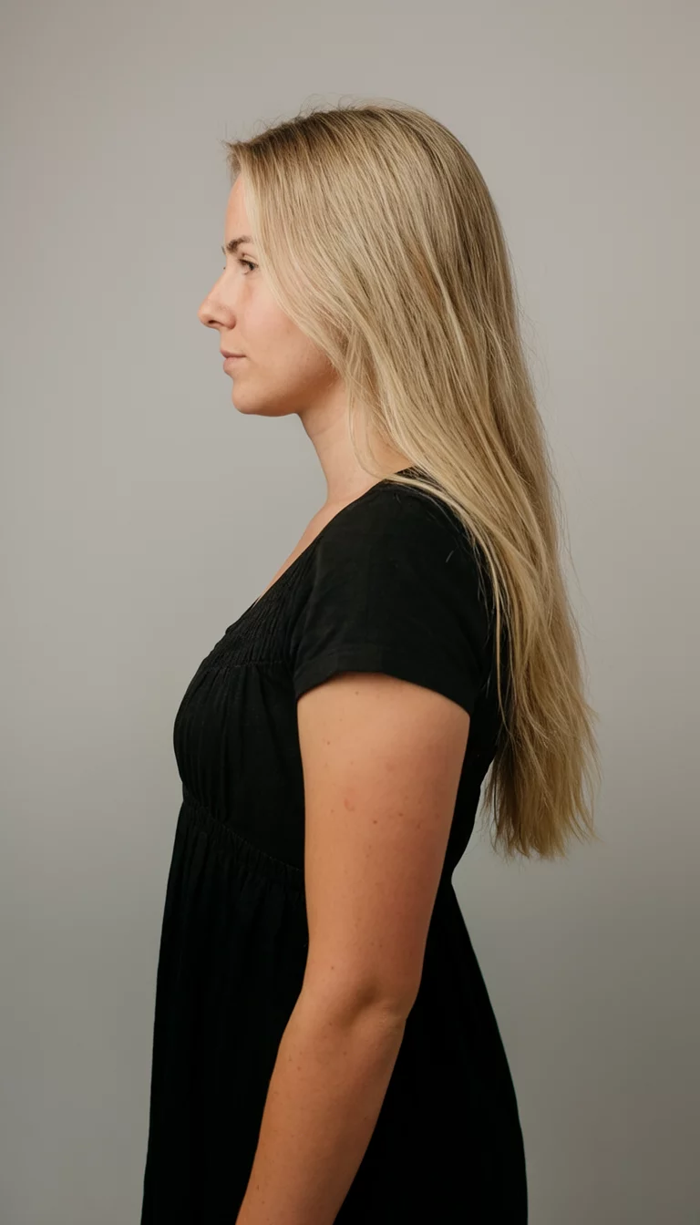 Champagne Butter Blonde casual photo of a 26-year-old woman wearing a black dress with a long blonde colored hairstyle, side view, neutral backdrop