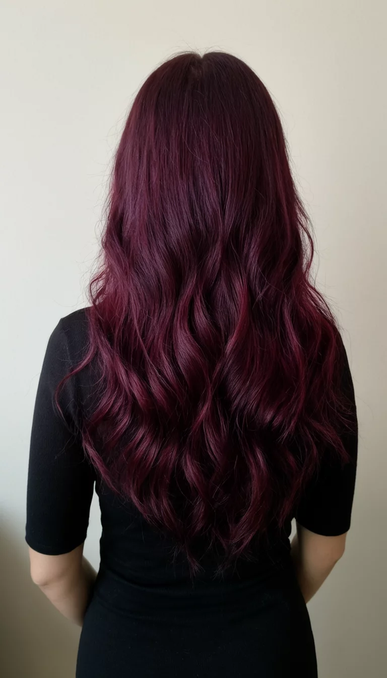 Vintage Merlot Waves casual photo of a 33-year-old woman wearing a black top with a deep wine-colored colored long waves hairstyle, back view, neutral backdrop