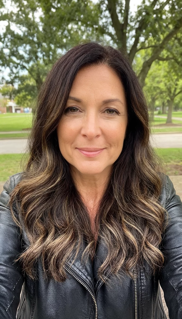 Toasted Walnut Balayage selfie of a 38-year-old woman wearing a leather jacket with a dark brown hair with lighter highlights colored long, wavy hairstyle, front view, outdoor background
