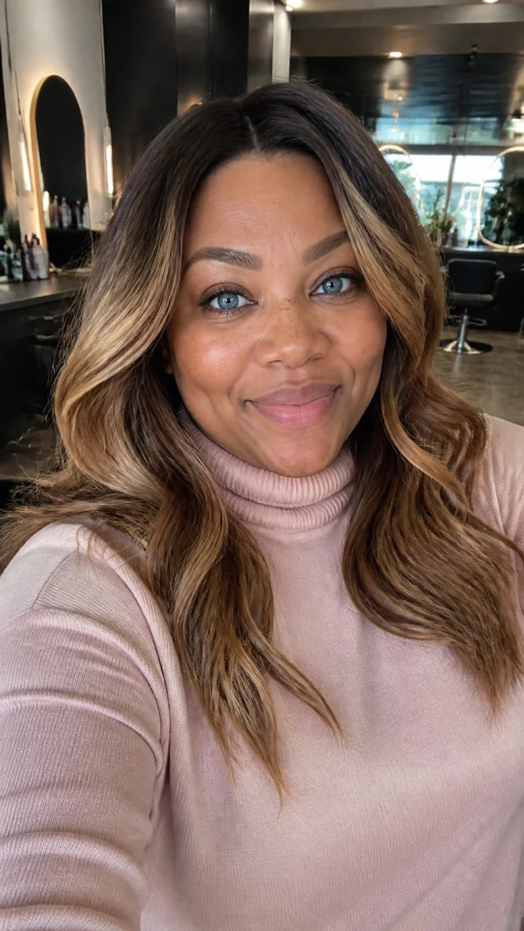 selfie of a 34-year-old Afro-Caribbean plus size woman with a chubby face, dark brown, button nose, softly curved eyebrows, and wide lips. Her face features dimples, light freckles, and subtle natural facial asymmetry. She has round blue eyes, soft cheekbones, subtle smile, playful. She is curvy and is wearing a blush pink turtleneck sweater with salted caramel light brown balayage hair, soft window light, hair salon