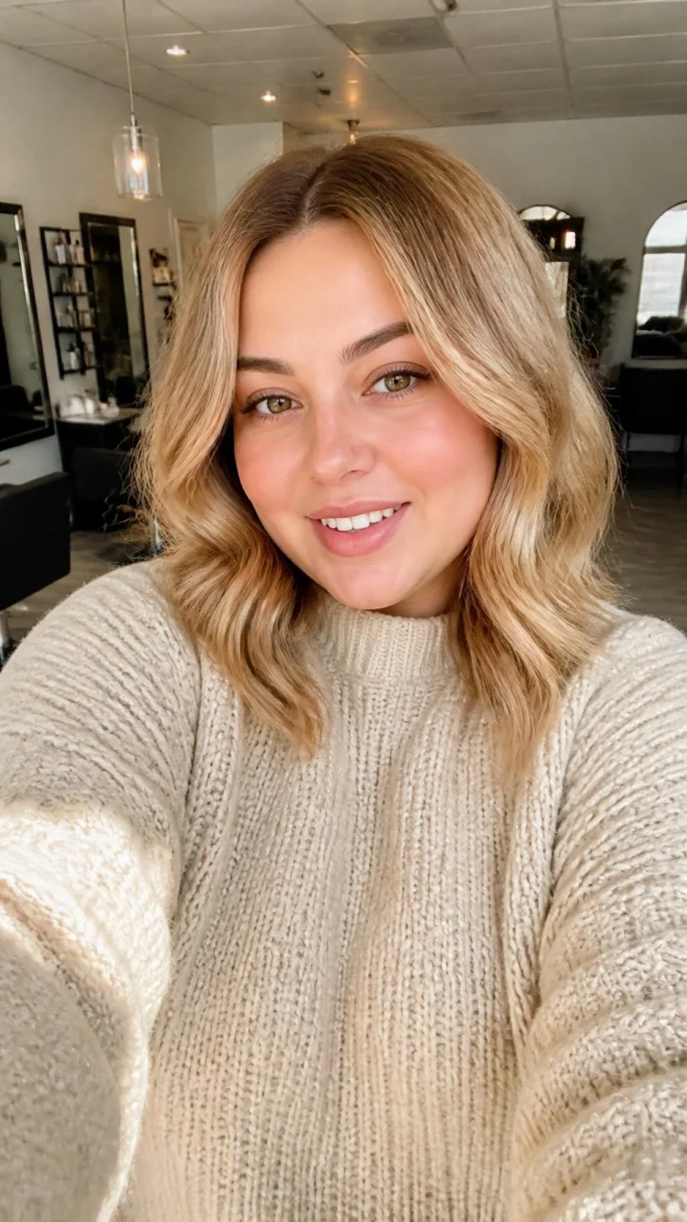 selfie of a 31-year-old Eastern European plus size woman with a chubby face, deep brown, straight nose, thin arched eyebrows, and heart-shaped lips. Her face features gap between front teeth, slightly flushed cheeks, and subtle natural facial asymmetry. She has downturned hazel eyes, high cheekbones, subtle smile, playful. She is slim and is wearing a beige chunky knit sweater with butterscotch tart blonde warm yellow-gold wavy lob hair, bright natural daylight, hair salon