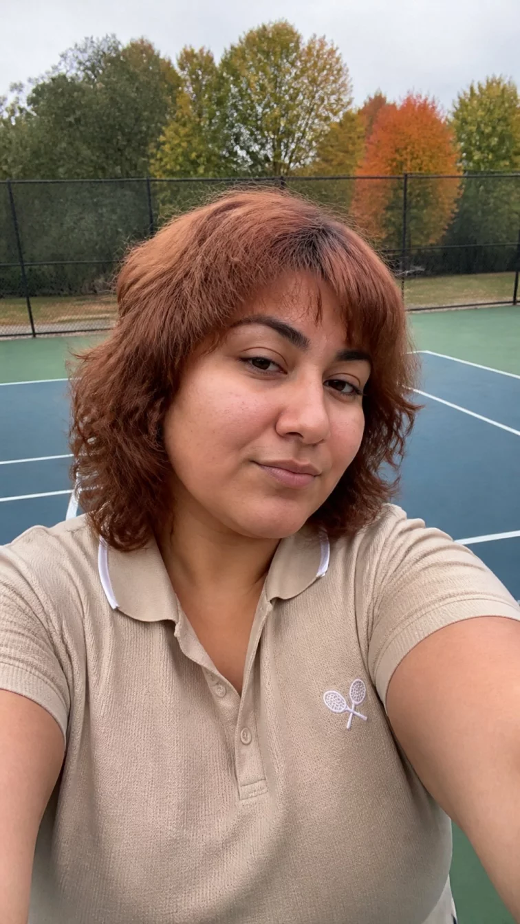 selfie of a 34-year-old Middle Eastern plus size woman with a chubby face, olive, rounded nose, feathered eyebrows, and thin lips. Her face features small scar on the eyebrow, faint under-eye shadows, and subtle natural facial asymmetry. She has monolid hazel eyes, high cheekbones, neutral expression, playful. She is athletic and is wearing a beige tennis polo with gingerbread latte medium warm orange-brown shag haircut hair, overcast daylight, outdoor fall background