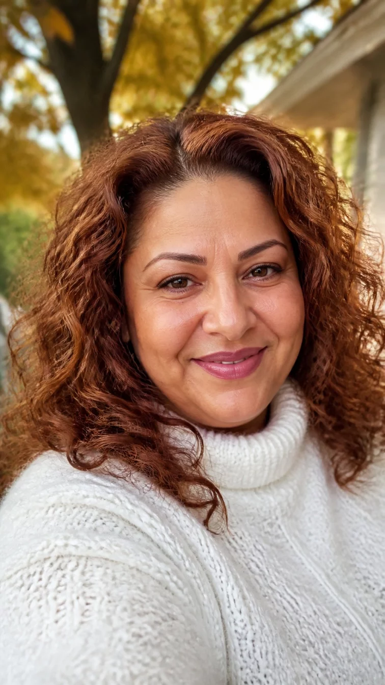 selfie of a 49-year-old Middle Eastern plus size woman with a chubby face, golden brown, broad nose, straight eyebrows, and heart-shaped lips. Her face features widow's peak hairline, a few laugh lines, and subtle natural facial asymmetry. She has almond-shaped brown eyes, high cheekbones, broad smile, relaxed. She is average and is wearing a white chunky knit sweater with chestnut praline medium brown with red highlights voluminous curls hair, soft window light, outdoor fall background