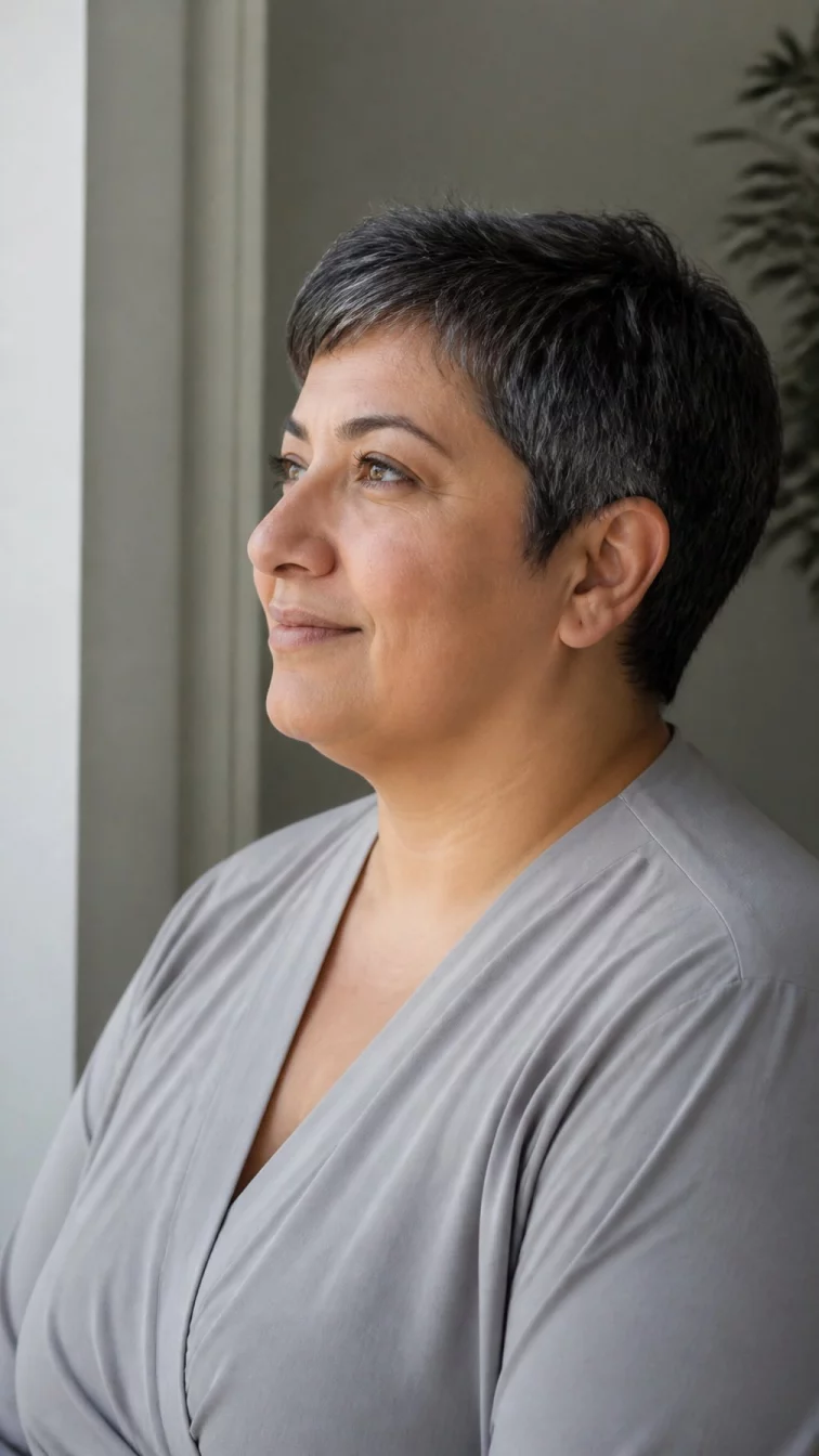 A side shot photo of a 35-year-old Southern European plus size woman with a chubby face, deep brown, aquiline nose, thin arched eyebrows, and thin lips. Her face features slightly crooked smile, a few laugh lines, and subtle natural facial asymmetry. She has upturned dark brown eyes, rounded cheeks, closed-mouth smile, thoughtful. She is plus-size and is wearing a light gray wrap blouse with soft charcoal gray textured pixie hair, soft window light, indoor
