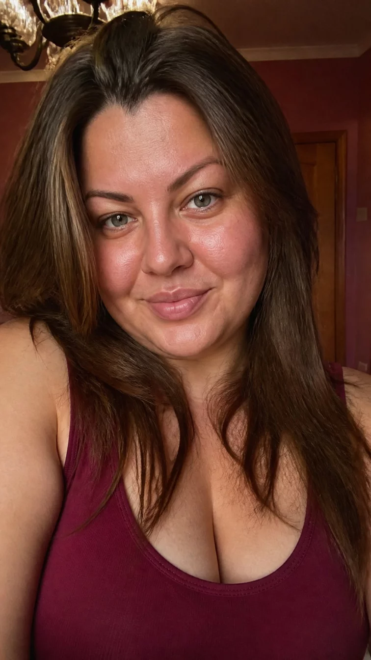 selfie of a 36-year-old Eastern European plus size woman with a chubby face, olive, button nose, softly curved eyebrows, and wide lips. Her face features widow's peak hairline, slightly flushed cheeks, and subtle natural facial asymmetry. She has downturned gray eyes, high cheekbones, subtle smile, confident. She is petite and is wearing a burgundy tank-style top with honey glazed walnut warm brown long layers hair, warm indoor lighting, indoor