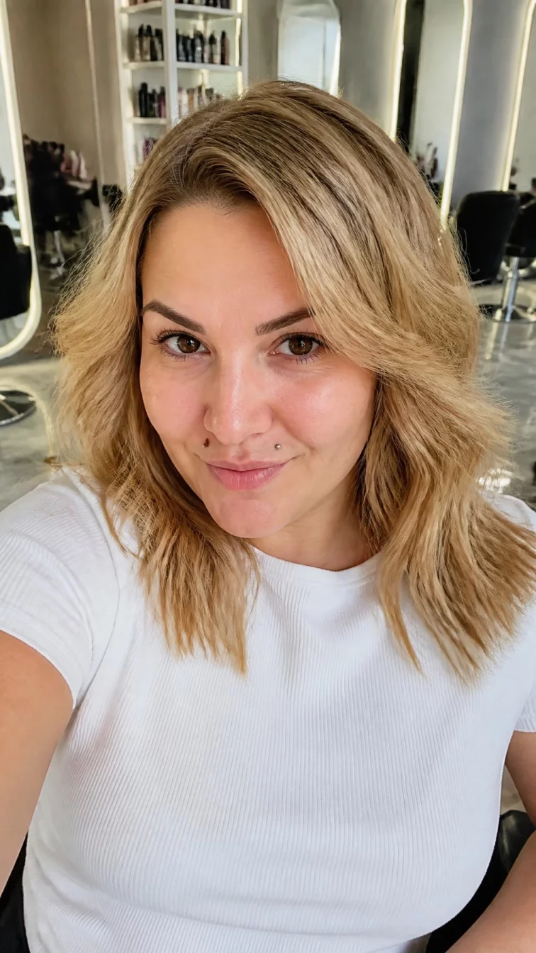 selfie of a 36-year-old Eastern European plus size woman with a chubby face, fair, straight nose, softly curved eyebrows, and wide lips. Her face features beauty mark near the lip, subtle acne marks, and subtle natural facial asymmetry. She has round dark brown eyes, soft cheekbones, subtle smile, playful. She is plus-size and is wearing a white ribbed t-shirt with golden hour apricot blonde wavy mid-length hair, bright natural daylight, hair salon