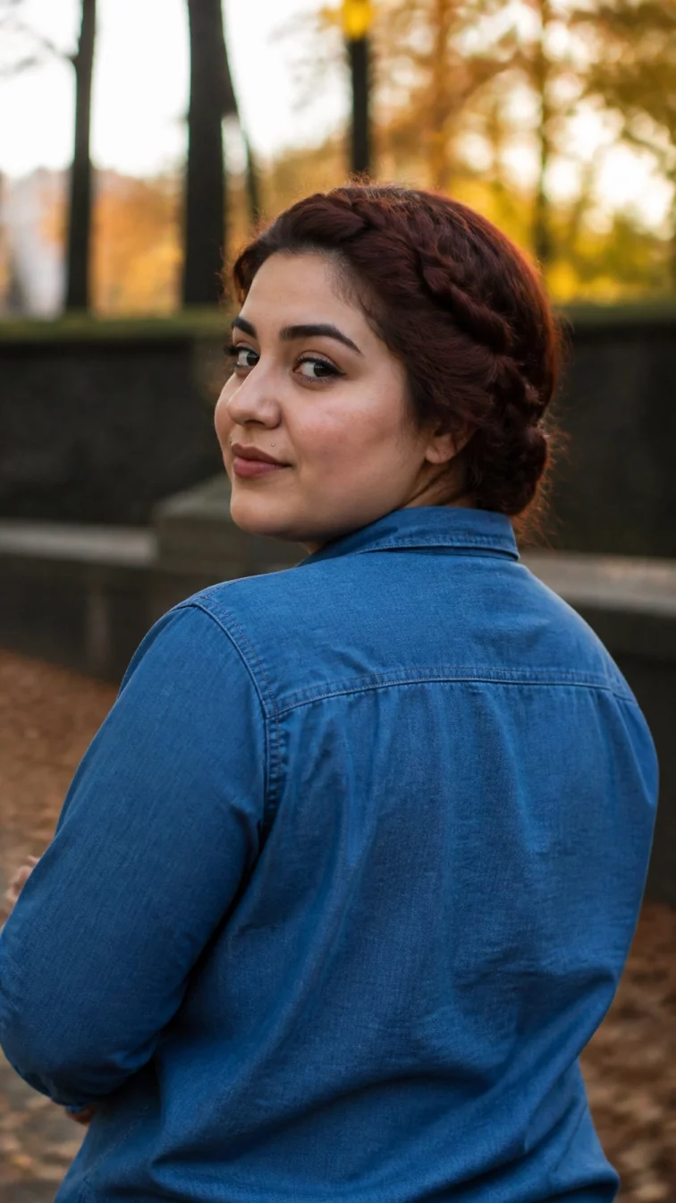 A back shot photo of a 24-year-old Middle Eastern plus size woman with a chubby face, dark brown, aquiline nose, feathered eyebrows, and thin lips. Her face features beauty mark near the lip, light freckles, and subtle natural facial asymmetry. She has downturned dark brown eyes, high cheekbones, closed-mouth smile, thoughtful. She is petite and is wearing a denim blue oxford shirt with rich mahogany teak reddish-brown braided crown hair, soft window light, outdoor fall background