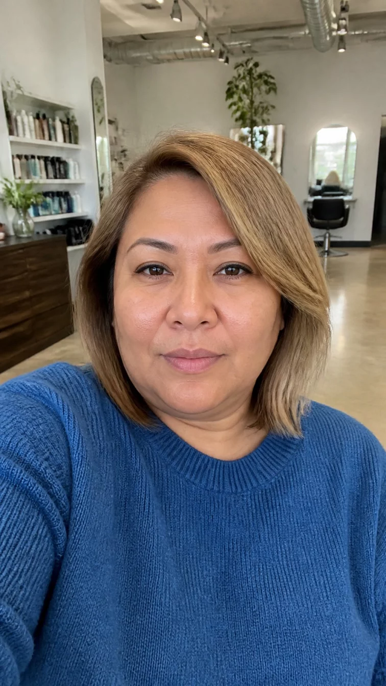selfie of a 47-year-old South Asian plus size woman with a chubby face, light, button nose, straight eyebrows, and thin lips. Her face features small scar on the eyebrow, a few laugh lines, and subtle natural facial asymmetry. She has almond-shaped hazel eyes, rounded cheeks, neutral expression, confident. She is plus-size and is wearing a denim blue cashmere sweater with smoked vanilla ash blonde side-parted lob hair, bright natural daylight, hair salon