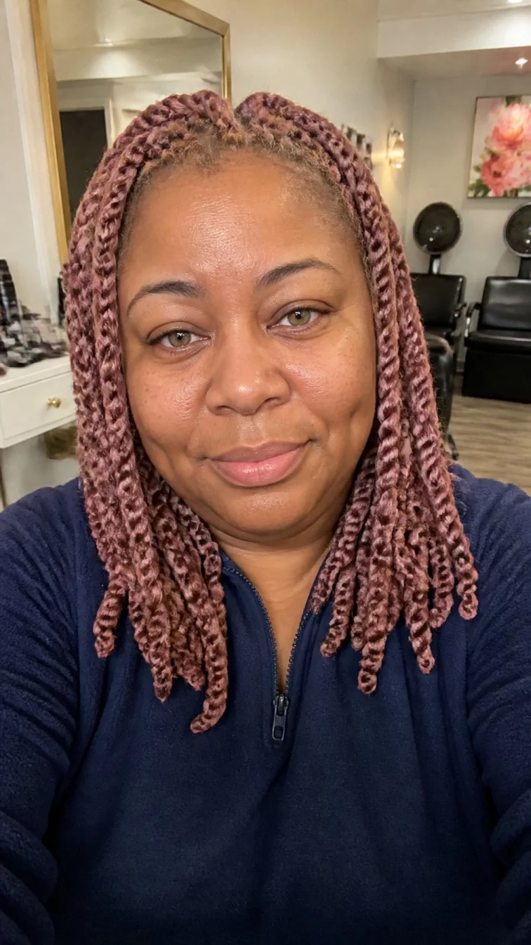 selfie of a 42-year-old Afro-Caribbean plus size woman with a chubby face, deep brown, narrow nose, softly curved eyebrows, and wide lips. Her face features dimples, a few laugh lines, and subtle natural facial asymmetry. She has downturned hazel eyes, soft cheekbones, neutral expression, cheerful. She is plus-size and is wearing a navy blue fleece pullover with dusty rose quartz muted pink-brown natural hair twists hair, warm indoor lighting, hair salon