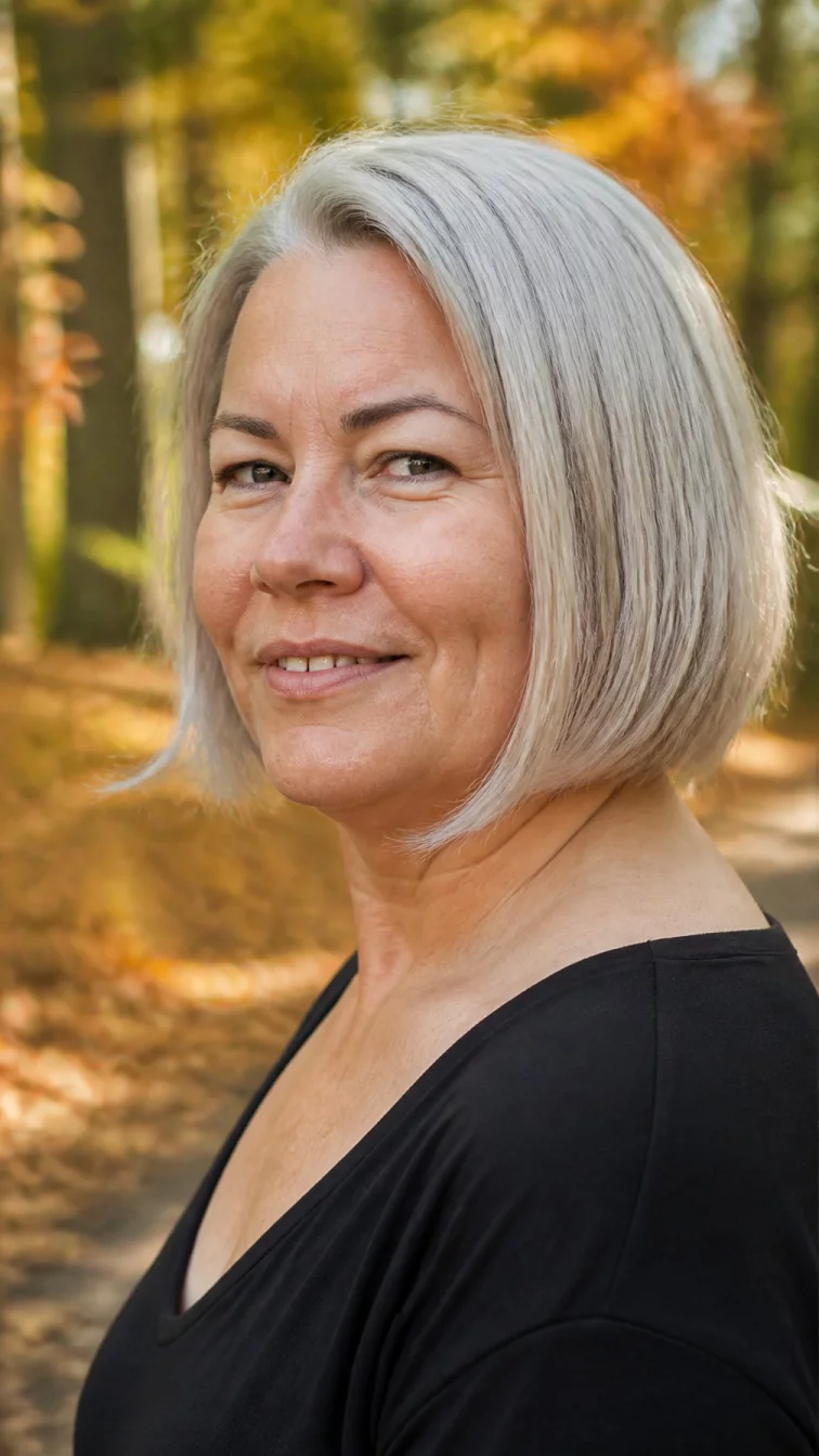 A side shot photo of a 46-year-old Northern European plus size woman with a chubby face, golden brown, broad nose, straight eyebrows, and thin lips. Her face features gap between front teeth, visible pores, and subtle natural facial asymmetry. She has monolid gray eyes, pronounced cheekbones, closed-mouth smile, playful. She is athletic and is wearing a black v-neck t-shirt with antique silver pearl bright white-gray sleek bob hair, warm indoor lighting, outdoor fall background