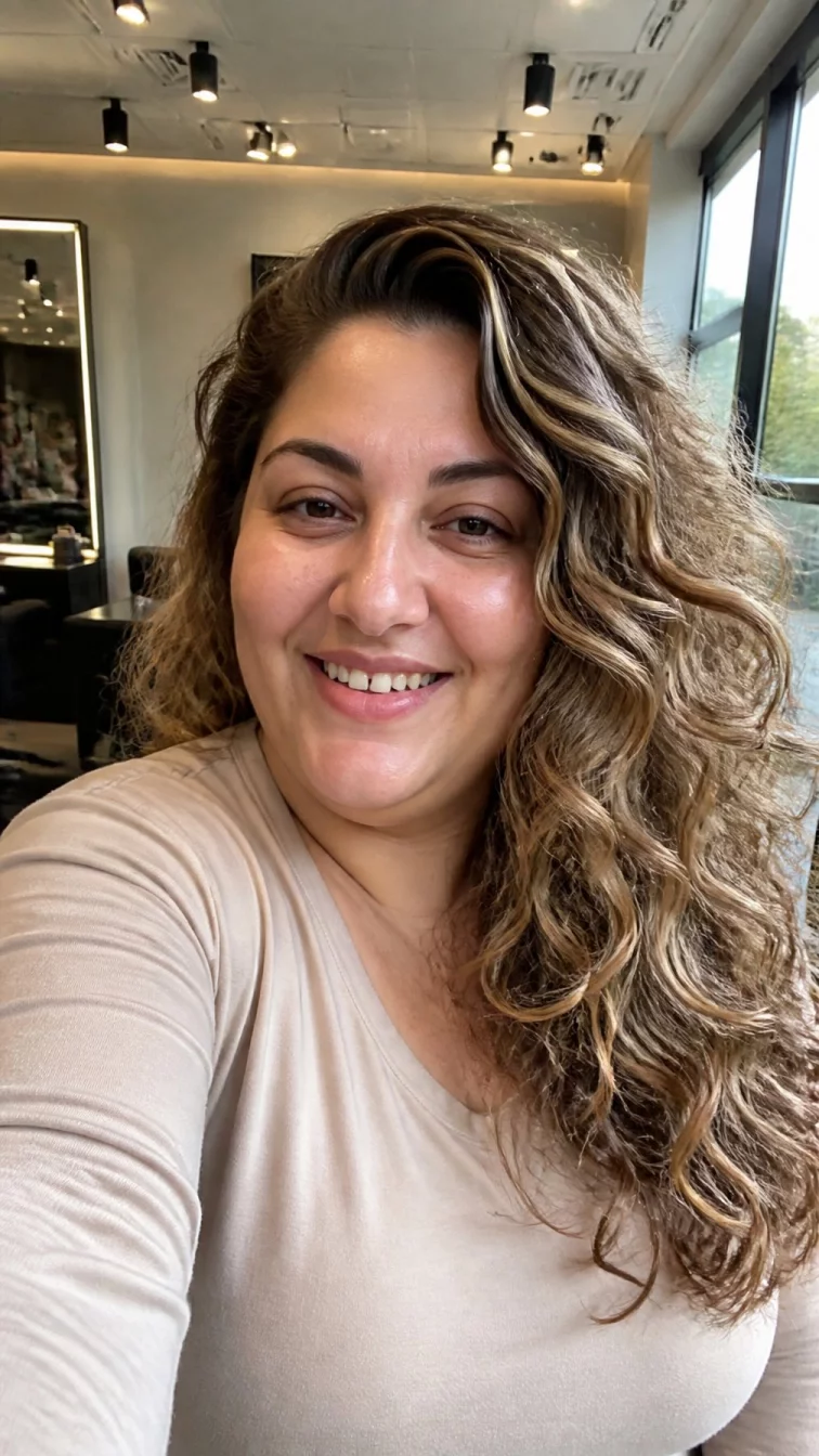 selfie of a 35-year-old Southern European plus size woman with a chubby face, dark brown, aquiline nose, softly curved eyebrows, and wide lips. Her face features gap between front teeth, visible pores, and subtle natural facial asymmetry. She has hooded hazel eyes, soft cheekbones, broad smile, relaxed. She is curvy and is wearing a beige long sleeve t-shirt with toasted marshmallow blonde and brown voluminous curls hair, bright natural daylight, hair salon