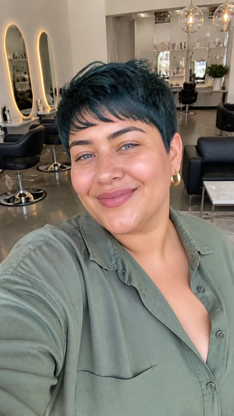 selfie of a 29-year-old Middle Eastern plus size woman with a chubby face, tan, straight nose, softly curved eyebrows, and thin lips. Her face features faint freckles across the nose, visible pores, and subtle natural facial asymmetry. She has downturned blue eyes, pronounced cheekbones, broad smile, confident. She is athletic and is wearing a olive green oversized button-up shirt with icy eucalyptus very dark teal-gray short pixie cut hair, bright natural daylight, hair salon