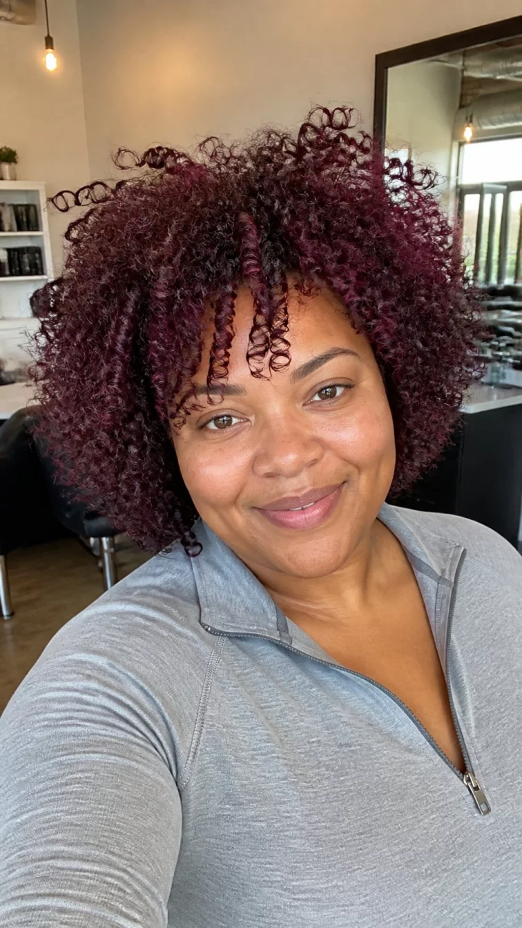 selfie of a 42-year-old Afro-Caribbean plus size woman with a chubby face, light, button nose, straight eyebrows, and wide lips. Her face features dimples, visible pores, and subtle natural facial asymmetry. She has hooded amber eyes, high cheekbones, broad smile, thoughtful. She is curvy and is wearing a light gray quarter-zip pullover with blackberry wine dark purple-red natural curls hair, bright natural daylight, hair salon