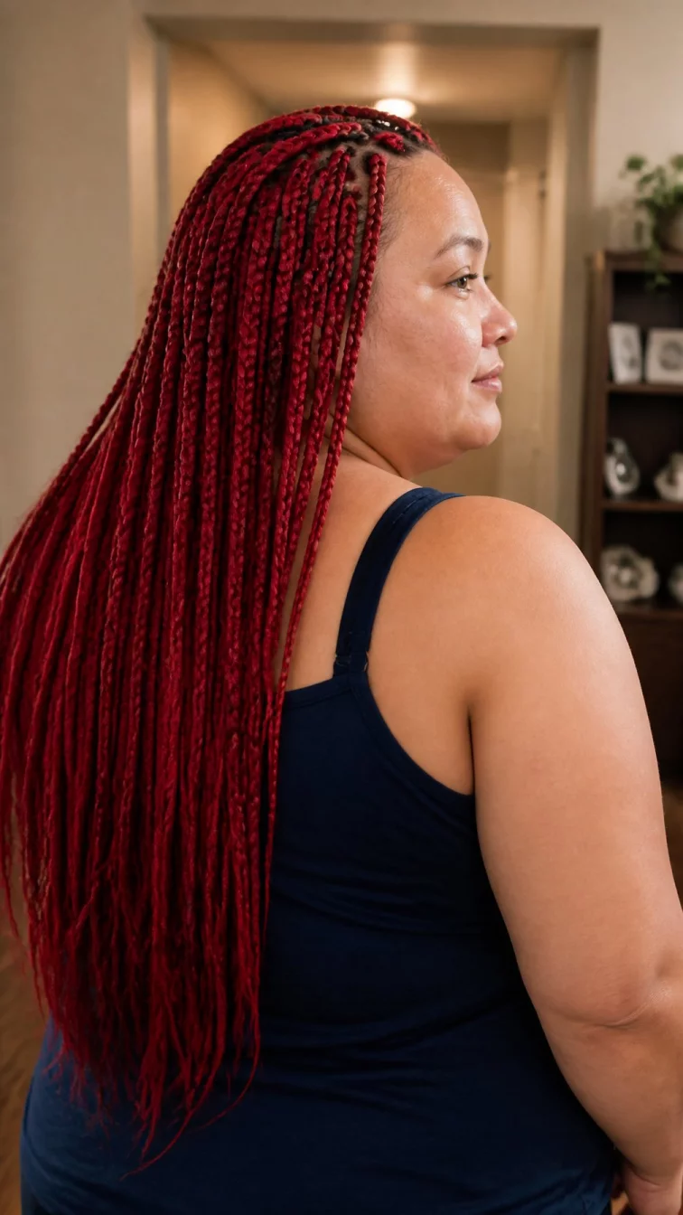 A back shot photo of a 40-year-old Northern European plus size woman with a chubby face, golden brown, button nose, feathered eyebrows, and wide lips. Her face features widow's peak hairline, subtle acne marks, and subtle natural facial asymmetry. She has monolid dark brown eyes, high cheekbones, subtle smile, thoughtful. She is average and is wearing a navy blue tank top with burnt velvet crimson bright deep red long braided hair, warm indoor lighting, indoor