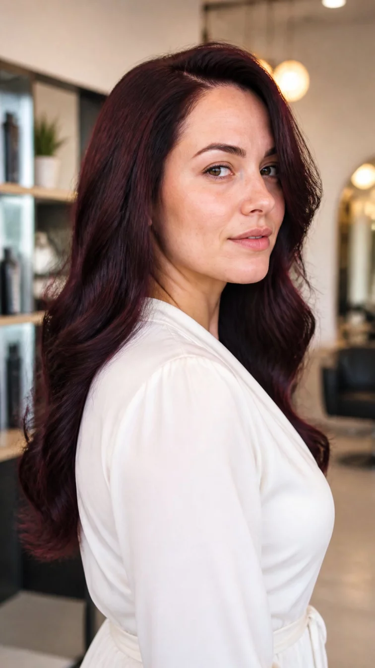 A side photo of a 35-year-old Eastern European woman with a round face, dark brown, broad nose, straight eyebrows, and full lips. Her face features widow's peak hairline, subtle acne marks, and subtle natural facial asymmetry. She has upturned green eyes, high cheekbones, neutral expression, playful. She is average and is wearing a white wrap blouse with velvet plum brunette long layered wavy hair, bright natural daylight, hair salon