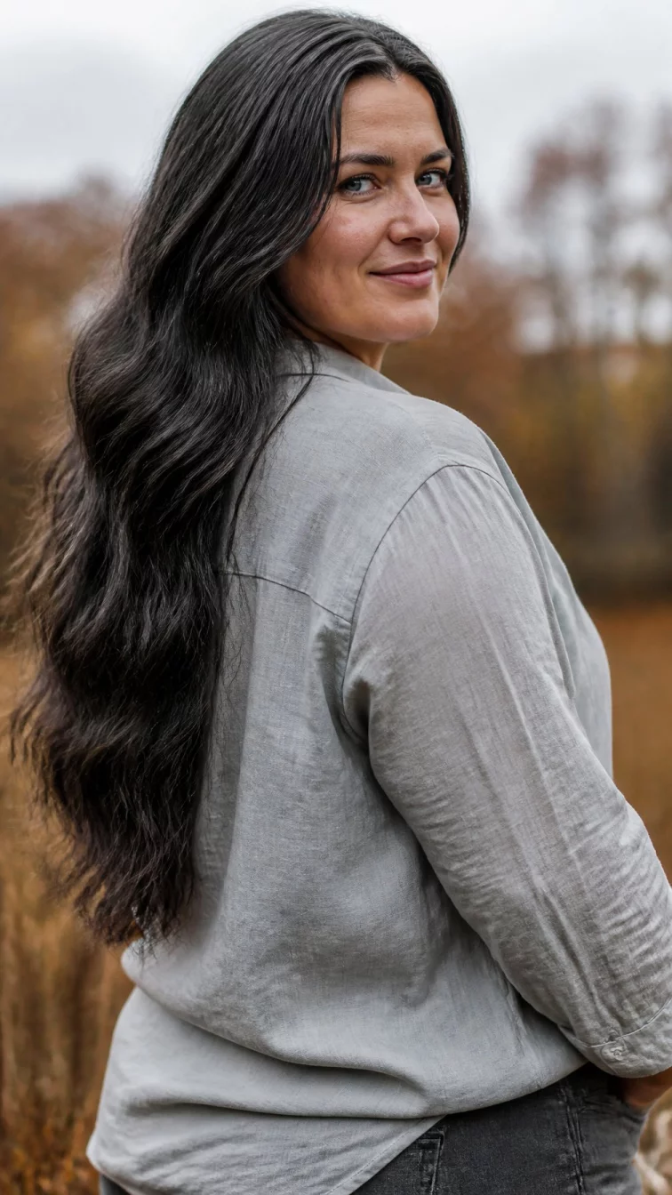 A back photo of a 33-year-old Northern European woman with a square face, tan, aquiline nose, thick natural eyebrows, and wide lips. Her face features faint freckles across the nose, subtle acne marks, and subtle natural facial asymmetry. She has downturned blue eyes, high cheekbones, broad smile, confident. She is curvy and is wearing a light gray linen shirt with smoky charcoal gray long waist-length wavy hair, overcast daylight, outdoor fall background