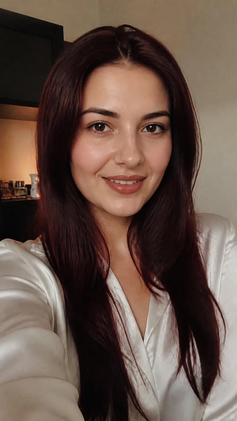 selfie of a 28-year-old Eastern European woman with a round face, dark brown, aquiline nose, thick natural eyebrows, and heart-shaped lips. Her face features gap between front teeth, subtle acne marks, and subtle natural facial asymmetry. She has round dark brown eyes, pronounced cheekbones, closed-mouth smile, thoughtful. She is average and is wearing a white silk blouse with black cherry merlot long blunt-cut wavy hair, warm indoor lighting, indoor