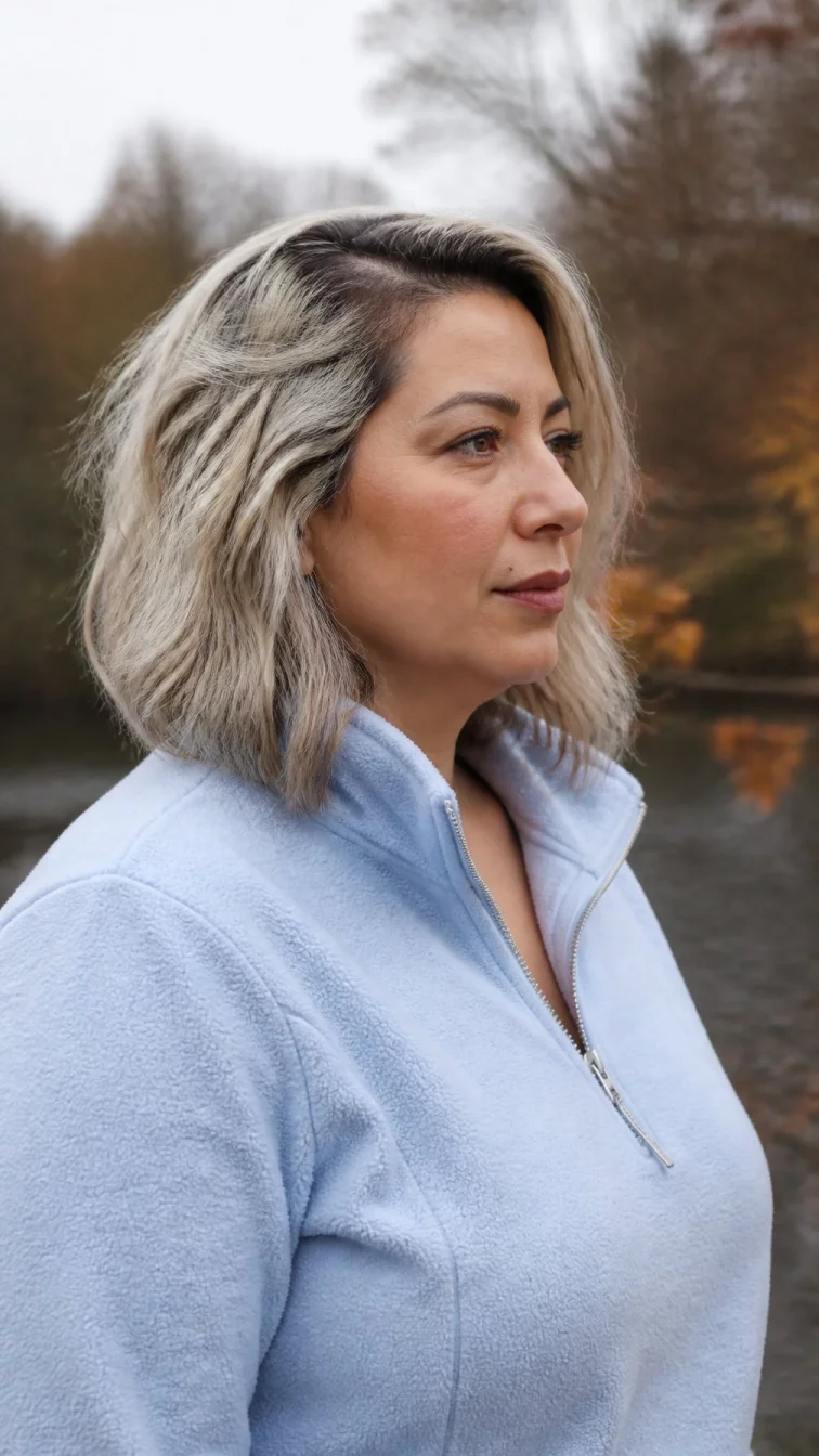 A side photo of a 42-year-old Middle Eastern woman with a square face, dark brown, narrow nose, straight eyebrows, and heart-shaped lips. Her face features beauty mark near the lip, slightly flushed cheeks, and subtle natural facial asymmetry. She has monolid hazel eyes, soft cheekbones, neutral expression, thoughtful. She is curvy and is wearing a baby blue fleece pullover with silver birch blonde shoulder-length messy wavy hair, overcast daylight, outdoor fall background