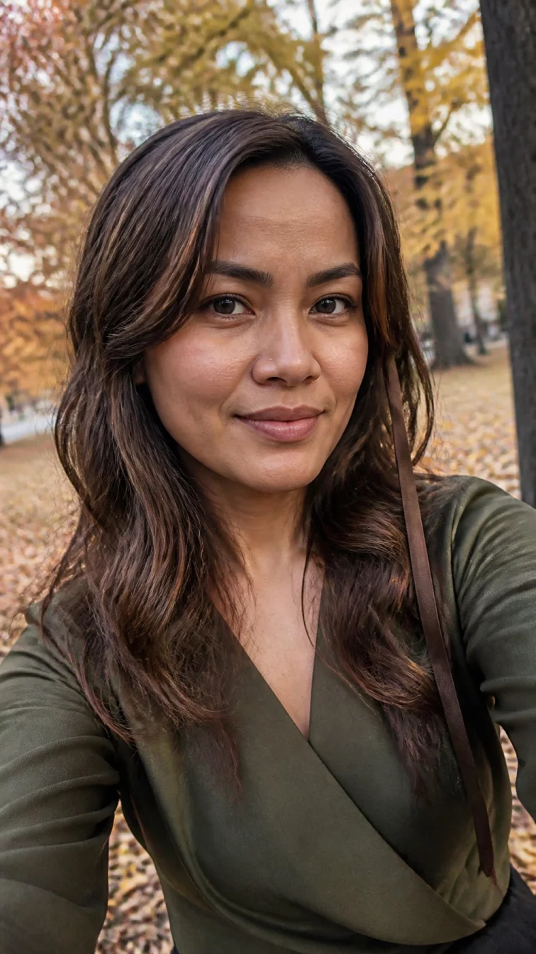 selfie of a 34-year-old Southeast Asian woman with a square face, golden brown, upturned nose, thin arched eyebrows, and full lips. Her face features slightly crooked smile, a few laugh lines, and subtle natural facial asymmetry. She has downturned gray eyes, high cheekbones, subtle smile, thoughtful. She is slim and is wearing a olive green wrap blouse with chestnut brown ribbons mid-back length wavy hair, warm indoor lighting, outdoor fall background
