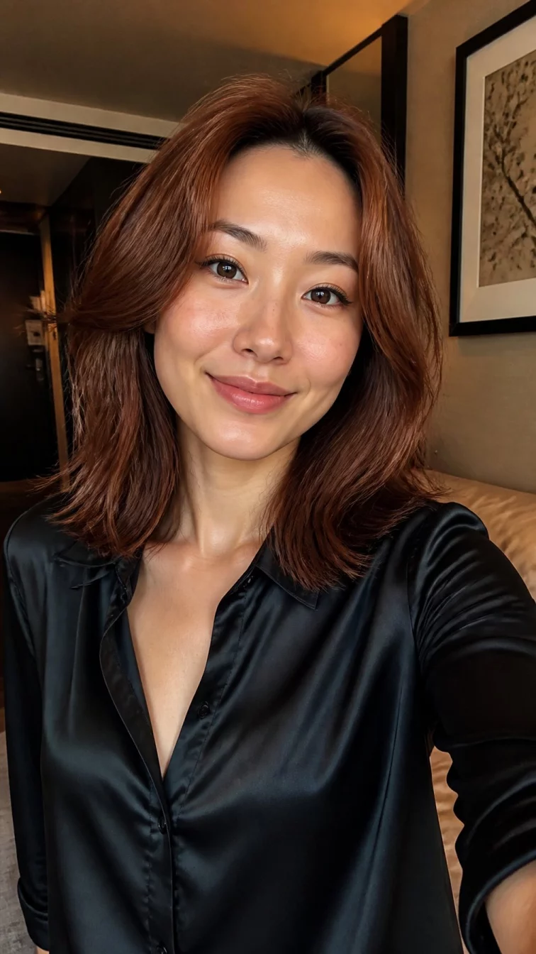 selfie of a 32-year-old East Asian woman with a heart-shaped face, fair, broad nose, thin arched eyebrows, and heart-shaped lips. Her face features slightly crooked smile, light freckles, and subtle natural facial asymmetry. She has deep-set gray eyes, high cheekbones, broad smile, relaxed. She is athletic and is wearing a black satin blouse with muted copper penny shoulder-length soft wavy hair, warm indoor lighting, indoor