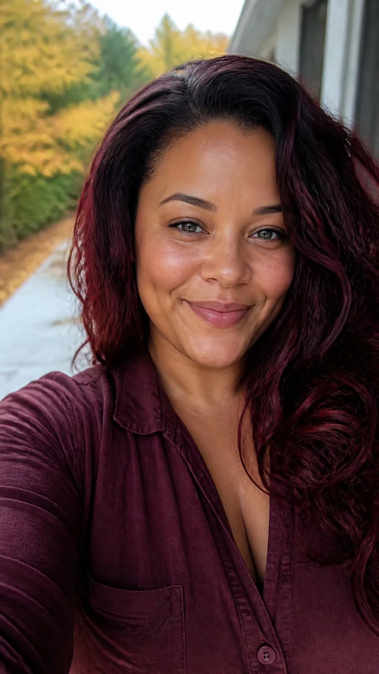 selfie of a 36-year-old Mixed-race woman with a oblong face, golden brown, button nose, straight eyebrows, and heart-shaped lips. Her face features dimples, visible pores, and subtle natural facial asymmetry. She has upturned gray eyes, rounded cheeks, broad smile, playful. She is curvy and is wearing a burgundy linen shirt with deep burgundy wine long tousled wavy hair, warm indoor lighting, outdoor fall background