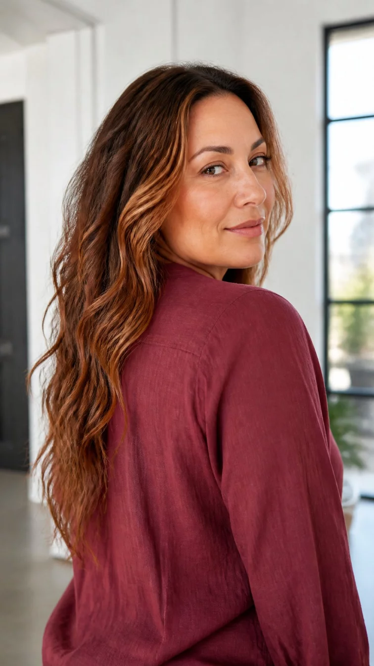 A back photo of a 43-year-old Latina woman with a round face, fair, narrow nose, softly curved eyebrows, and wide lips. Her face features slightly crooked smile, light freckles, and subtle natural facial asymmetry. She has monolid hazel eyes, high cheekbones, neutral expression, cheerful. She is athletic and is wearing a burgundy linen shirt with rose gold sunset long v-cut wavy hair, bright natural daylight, indoor