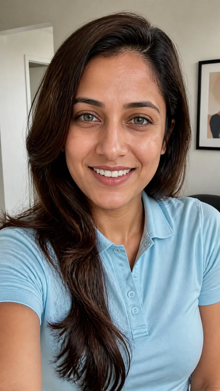 selfie of a 35-year-old South Asian woman with a pear-shaped face, deep brown, straight nose, softly curved eyebrows, and heart-shaped lips. Her face features small scar on the eyebrow, visible pores, and subtle natural facial asymmetry. She has deep-set gray eyes, soft cheekbones, broad smile, confident. She is slim and is wearing a baby blue golf polo with mahogany teakwood chest-length wavy hair, overcast daylight, indoor