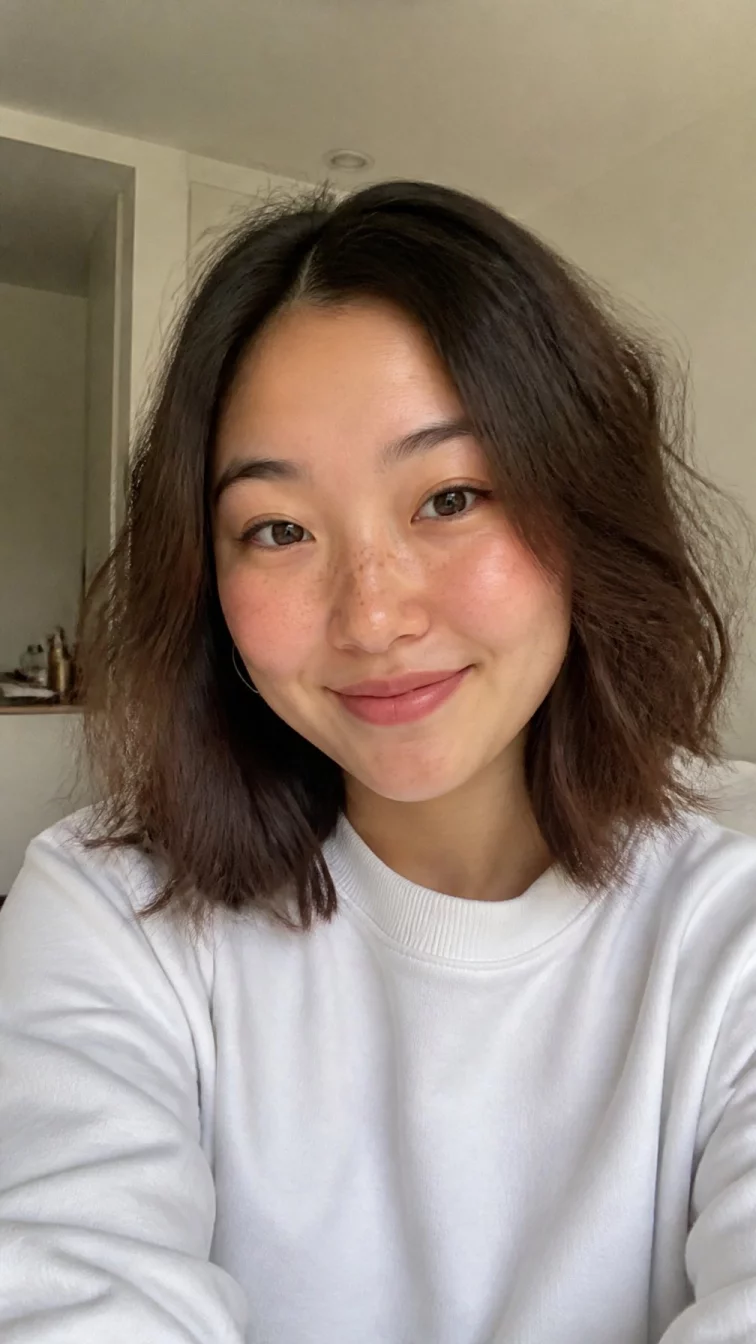 selfie of a 27-year-old East Asian woman with a round face, fair, upturned nose, straight eyebrows, and thin lips. Her face features faint freckles across the nose, slightly flushed cheeks, and subtle natural facial asymmetry. She has almond-shaped green eyes, rounded cheeks, broad smile, playful. She is slim and is wearing a white crewneck sweatshirt with peanut butter brown shoulder-length wavy hair, overcast daylight, indoor
