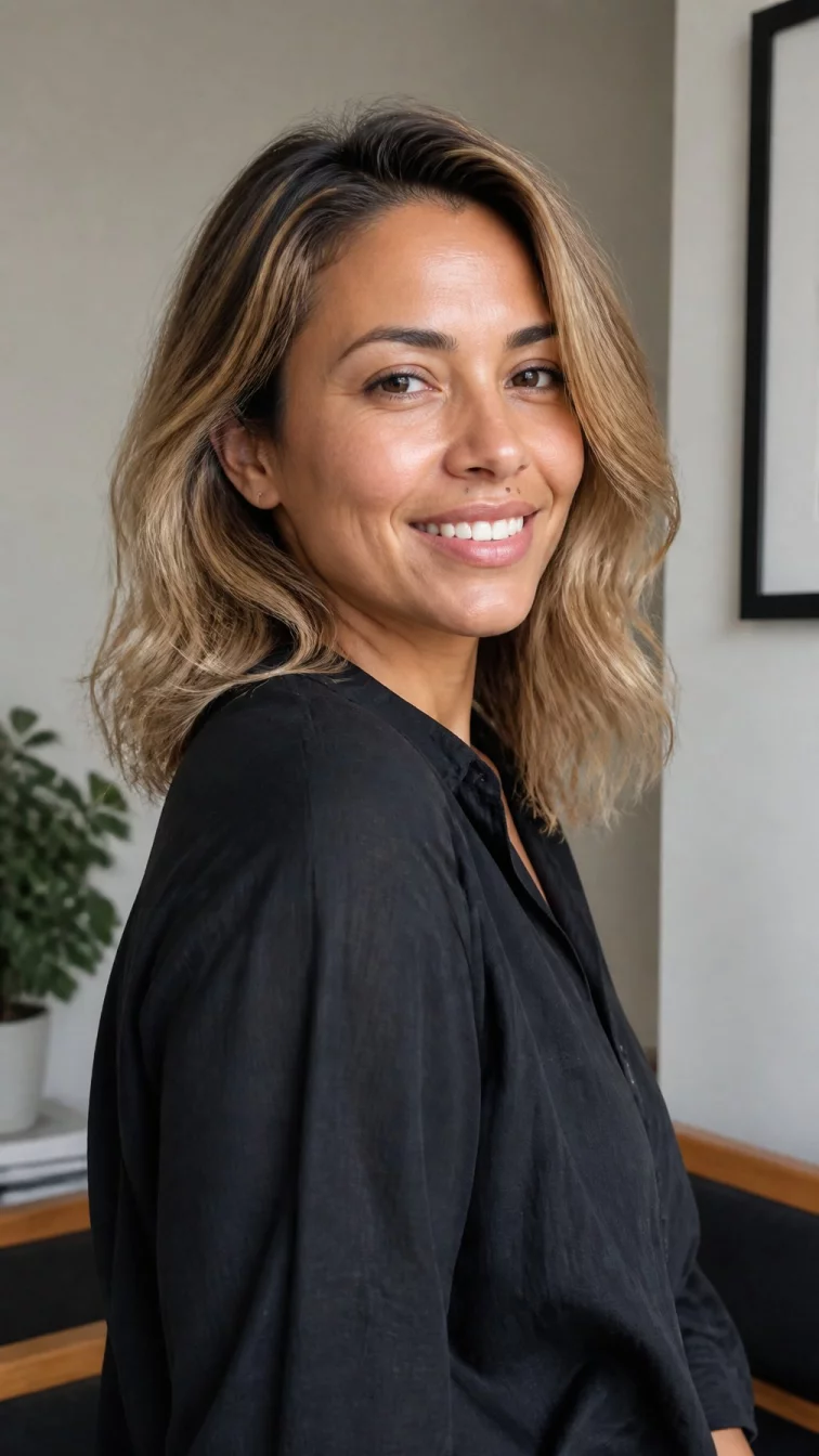A side photo of a 35-year-old Latina woman with a diamond face, dark brown, narrow nose, softly curved eyebrows, and thin lips. Her face features beauty mark near the lip, visible pores, and subtle natural facial asymmetry. She has hooded brown eyes, pronounced cheekbones, broad smile, confident. She is slim and is wearing a black linen shirt with sandy beige blonde medium-length layered wavy hair, overcast daylight, indoor