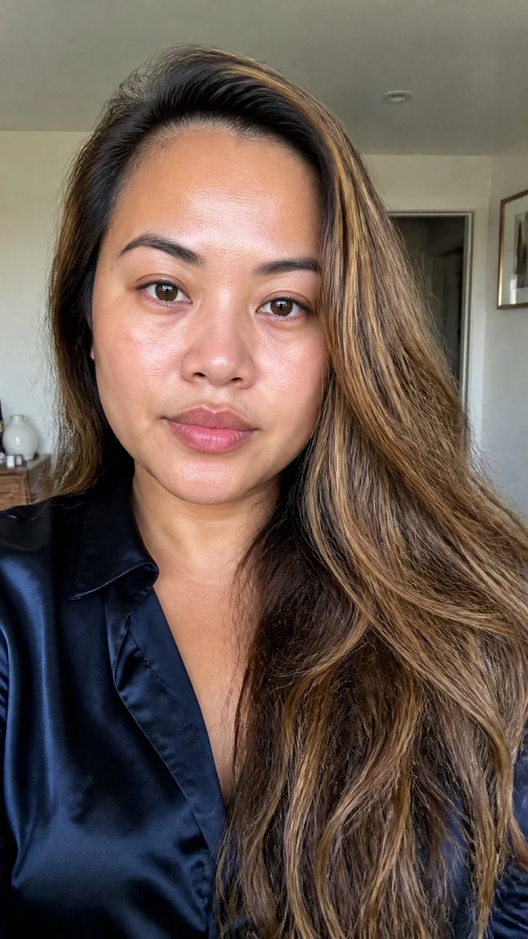 selfie of a 31-year-old Southeast Asian woman with a oval face, olive, rounded nose, feathered eyebrows, and wide lips. Her face features small scar on the eyebrow, visible pores, and subtle natural facial asymmetry. She has round brown eyes, high cheekbones, neutral expression, thoughtful. She is plus-size and is wearing a navy blue silk blouse with golden hour honey long flowing wavy hair, bright natural daylight, indoor