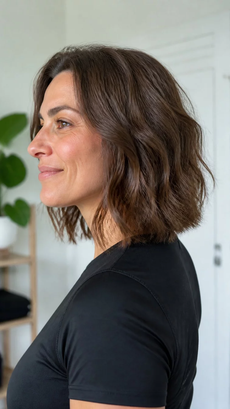A side photo of a 36-year-old Northern European woman with a round face, olive, aquiline nose, feathered eyebrows, and heart-shaped lips. Her face features dimples, a few laugh lines, and subtle natural facial asymmetry. She has upturned brown eyes, high cheekbones, closed-mouth smile, relaxed. She is average and is wearing a black athletic performance shirt with ashy mushroom brunette bob-length wavy hair, bright natural daylight, indoor