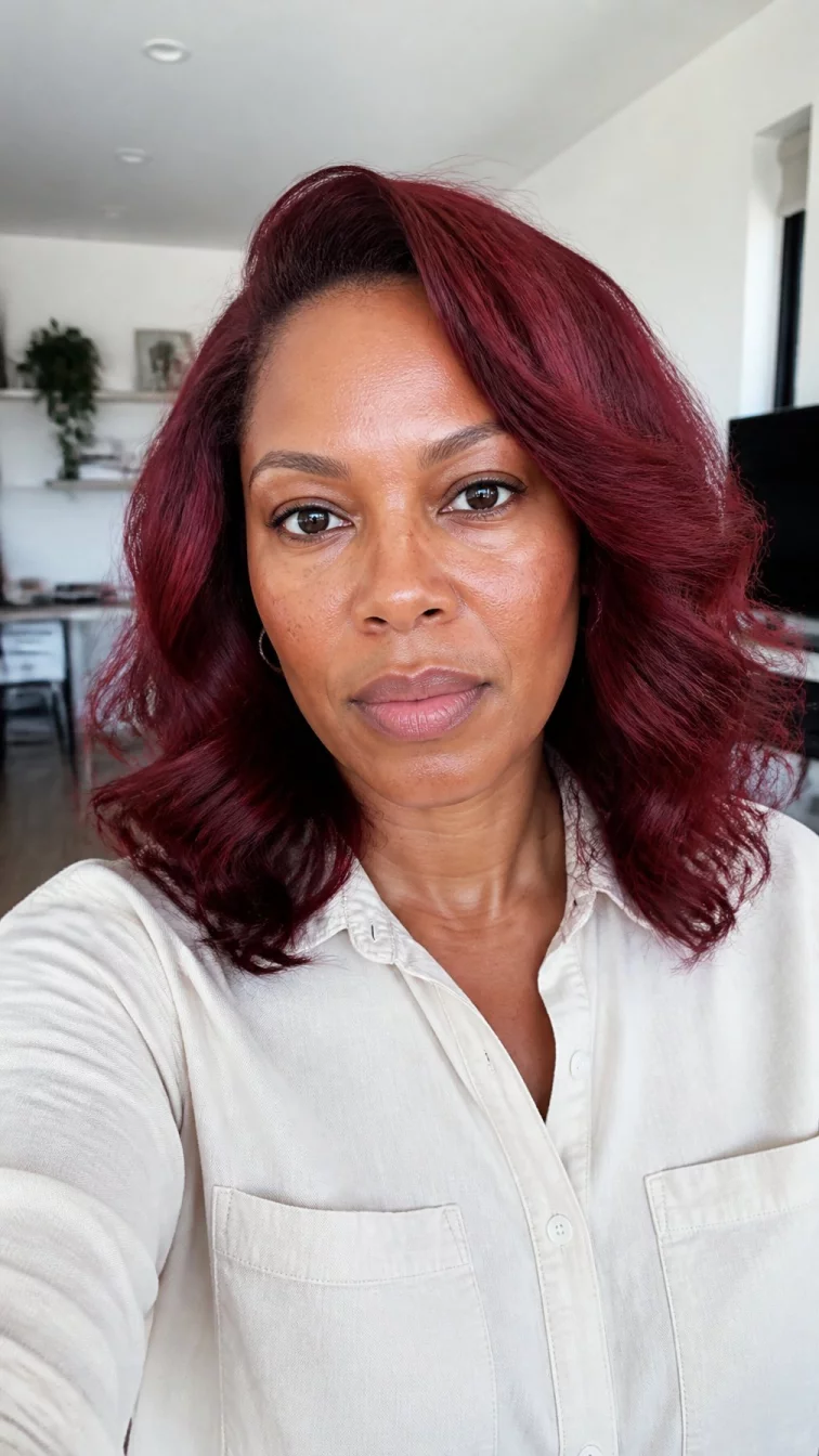 selfie of a 39-year-old Black African woman with a pear-shaped face, golden brown, aquiline nose, softly curved eyebrows, and full lips. Her face features faint freckles across the nose, light freckles, and subtle natural facial asymmetry. She has round dark brown eyes, pronounced cheekbones, neutral expression, thoughtful. She is athletic and is wearing a cream chambray shirt with maple leaf red shoulder-length voluminous wavy hair, bright natural daylight, indoor