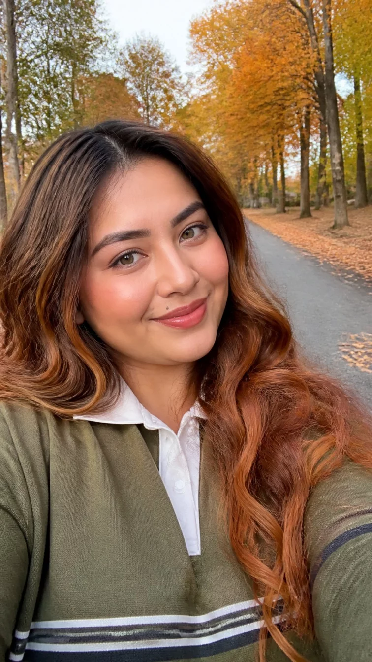 selfie of a 33-year-old South Asian woman with a round face, olive, straight nose, straight eyebrows, and full lips. Her face features beauty mark near the lip, slightly flushed cheeks, and subtle natural facial asymmetry. She has deep-set hazel eyes, rounded cheeks, broad smile, playful. She is petite and is wearing a olive green rugby shirt with pumpkin spice glow long curly-wavy hair, warm indoor lighting, outdoor fall background