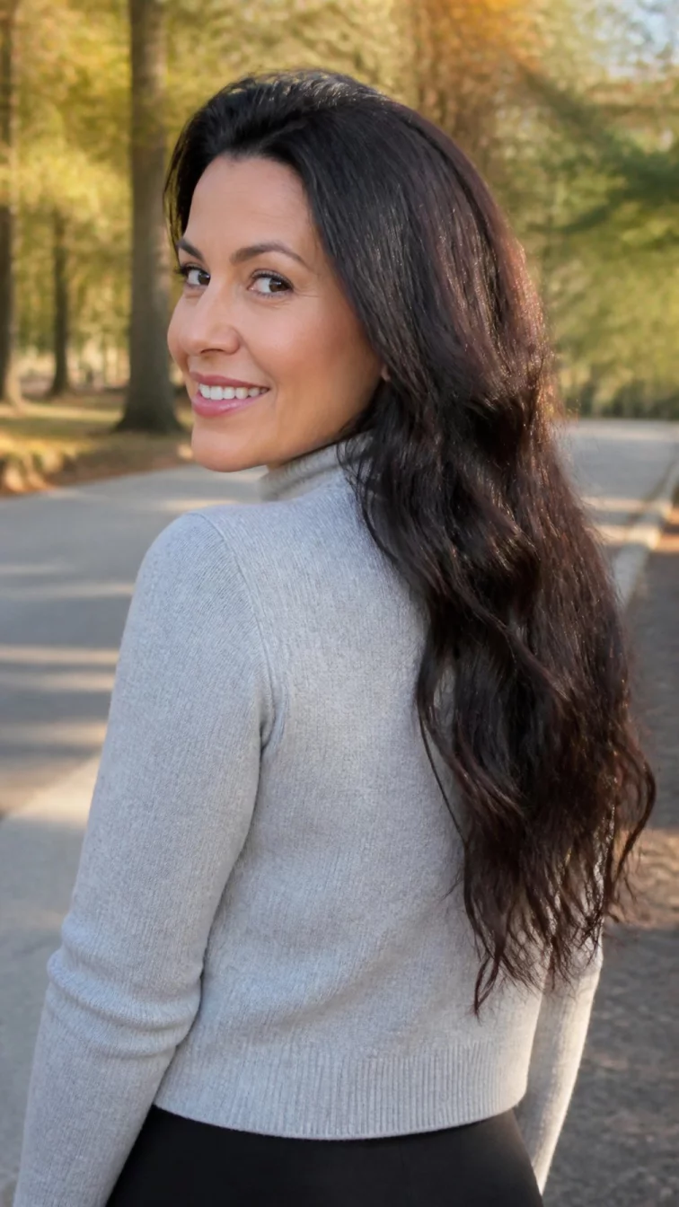 A back photo of a 46-year-old Latina woman with a diamond face, fair, button nose, feathered eyebrows, and heart-shaped lips. Her face features widow's peak hairline, a few laugh lines, and subtle natural facial asymmetry. She has hooded green eyes, high cheekbones, broad smile, confident. She is petite and is wearing a light gray mock neck sweater with dark roast espresso waist-length voluminous wavy hair, bright natural daylight, outdoor fall background