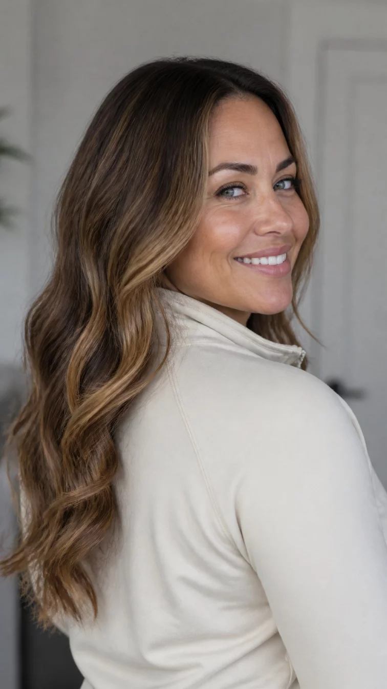A back photo of a 38-year-old Latina woman with a oblong face, light, upturned nose, thick natural eyebrows, and heart-shaped lips. Her face features faint freckles across the nose, visible pores, and subtle natural facial asymmetry. She has upturned blue eyes, rounded cheeks, broad smile, confident. She is athletic and is wearing a cream quarter-zip pullover with butterscotch balayage v-cut long wavy hair, overcast daylight, indoor