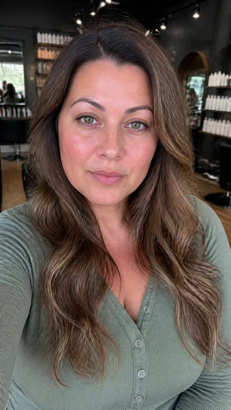 selfie of a 39-year-old Mediterranean woman with a pear-shaped face, light, upturned nose, thick natural eyebrows, and heart-shaped lips. Her face features widow's peak hairline, visible pores, and subtle natural facial asymmetry. She has almond-shaped gray eyes, rounded cheeks, neutral expression, thoughtful. She is curvy and is wearing a sage green henley shirt with iced mocha latte chest-length wavy hair, soft window light, hair salon