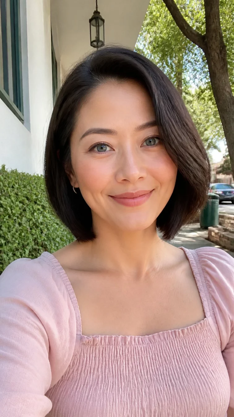 selfie of a 41-year-old East Asian woman with a diamond face, dark brown, aquiline nose, feathered eyebrows, and wide lips. Her face features dimples, slightly flushed cheeks, and subtle natural facial asymmetry. She has deep-set blue eyes, soft cheekbones, closed-mouth smile, cheerful. She is slim and is wearing a blush pink smocked blouse with cool-toned nearly black velvet espresso brown sleek bob hair, soft window light, outdoor