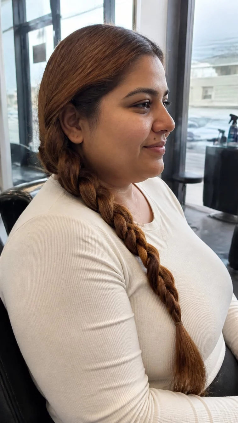 A side photo of a 27-year-old South Asian woman with a round face, golden brown, rounded nose, straight eyebrows, and wide lips. Her face features beauty mark near the lip, visible pores, and subtle natural facial asymmetry. She has downturned dark brown eyes, pronounced cheekbones, closed-mouth smile, playful. She is plus-size and is wearing a cream long sleeve t-shirt with golden orange amber ale glow thick braided hair, overcast daylight, hair salon