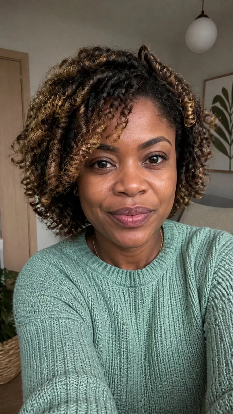 selfie of a 37-year-old Afro-Caribbean woman with a oval face, deep brown, upturned nose, thick natural eyebrows, and wide lips. Her face features small scar on the eyebrow, a few laugh lines, and subtle natural facial asymmetry. She has upturned dark brown eyes, rounded cheeks, neutral expression, cheerful. She is petite and is wearing a sage green sweater with golden yellow butterscotch ribbon highlights natural curls hair, overcast daylight, indoor