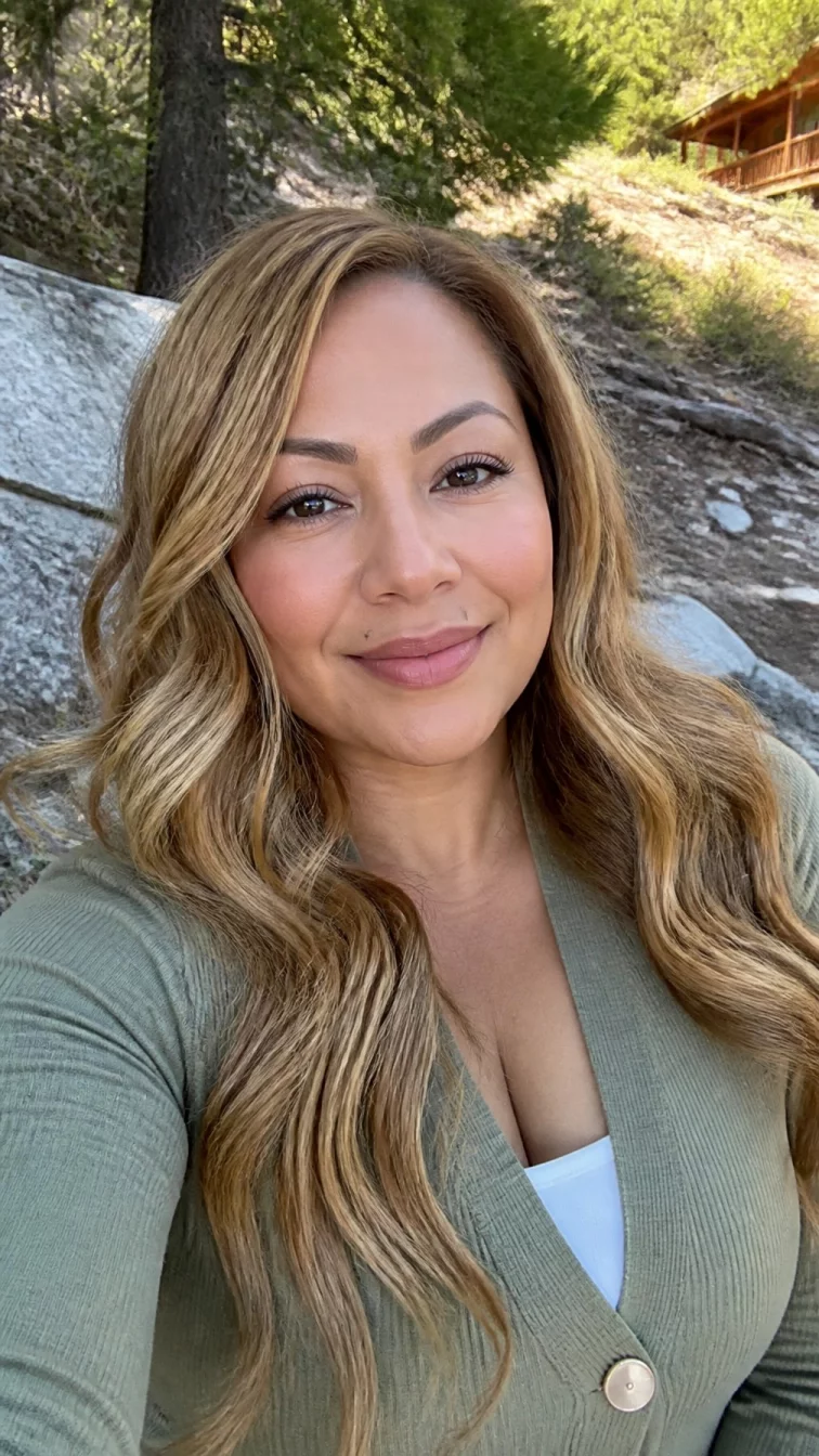 selfie of a 42-year-old Latina woman with a pear-shaped face, tan, button nose, softly curved eyebrows, and full lips. Her face features beauty mark near the lip, slightly flushed cheeks, and subtle natural facial asymmetry. She has downturned gray eyes, rounded cheeks, closed-mouth smile, cheerful. She is athletic and is wearing a sage green cardigan with golden honey wheat blonde soft waves hair, bright natural daylight, outdoor